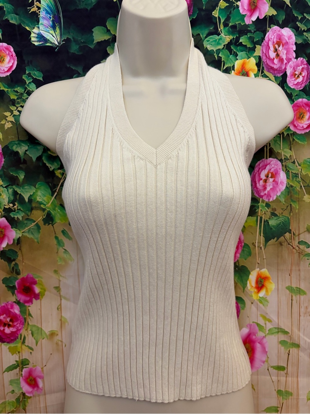 LOFT Cream Ribbed V-Neck Halter Knit Tank - Picture 4 of 9